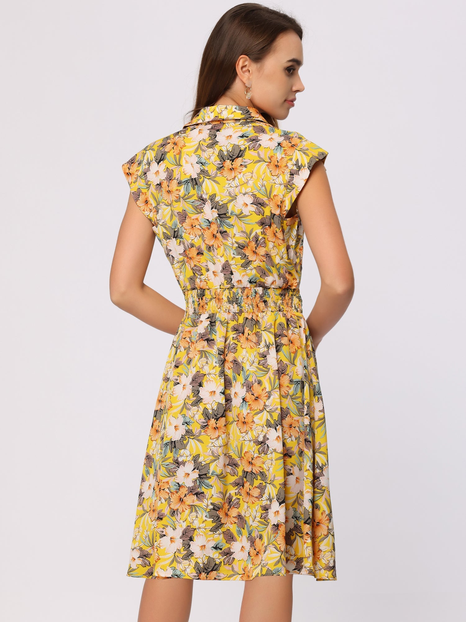 Summer Chiffon Floral Cap Sleeve Drawstring Waist Shirt Dress