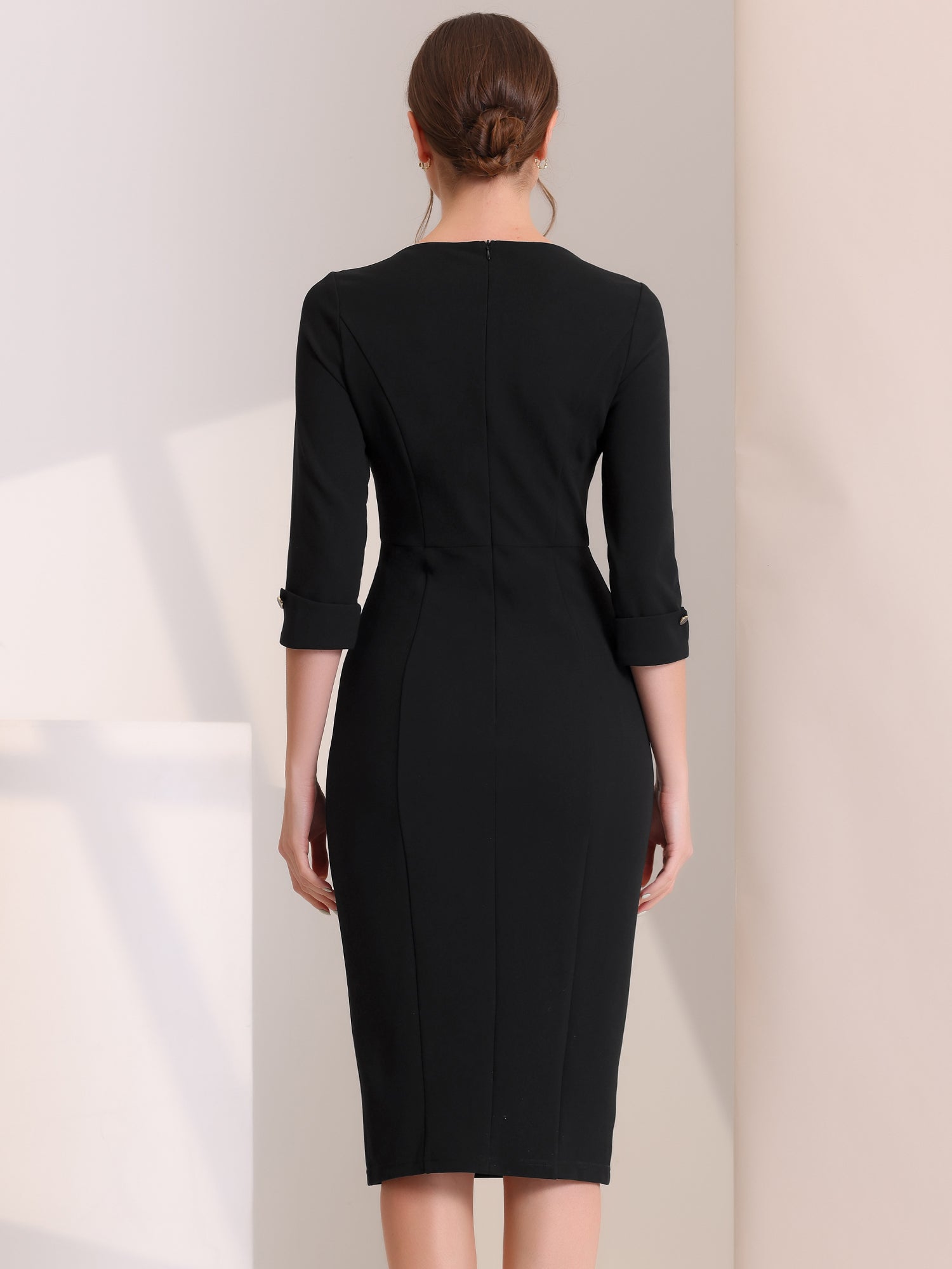 Elegant Boat Neck 3/4 Sleeves Work Midi Split Sheath Dress