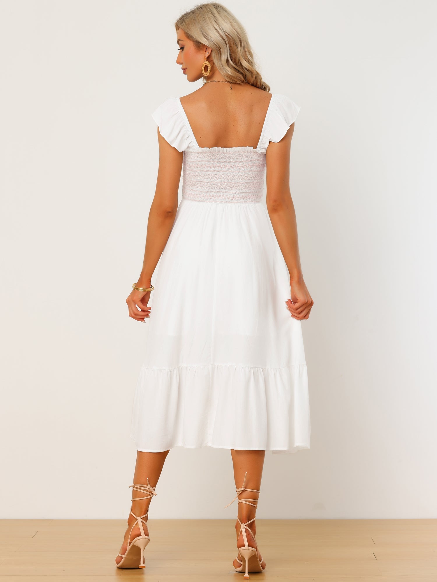 Boho Square Neck Ruffle Tiered Flowy Smocked Midi Dress Sundress