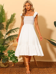 Boho Square Neck Ruffle Tiered Flowy Smocked Midi Dress Sundress