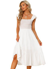 Boho Square Neck Ruffle Tiered Flowy Smocked Midi Dress Sundress