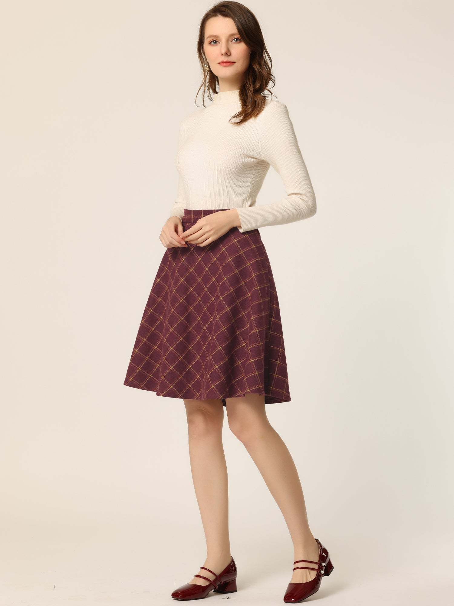 Plaid Tartan Vintage Elastic Waist Knee Length A-Line Skirt