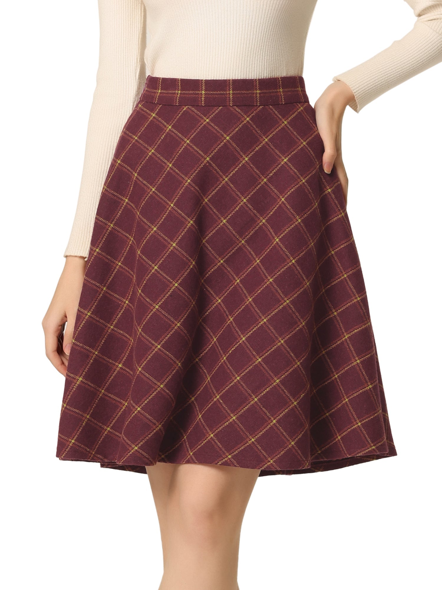 Plaid Tartan Vintage Elastic Waist Knee Length A-Line Skirt