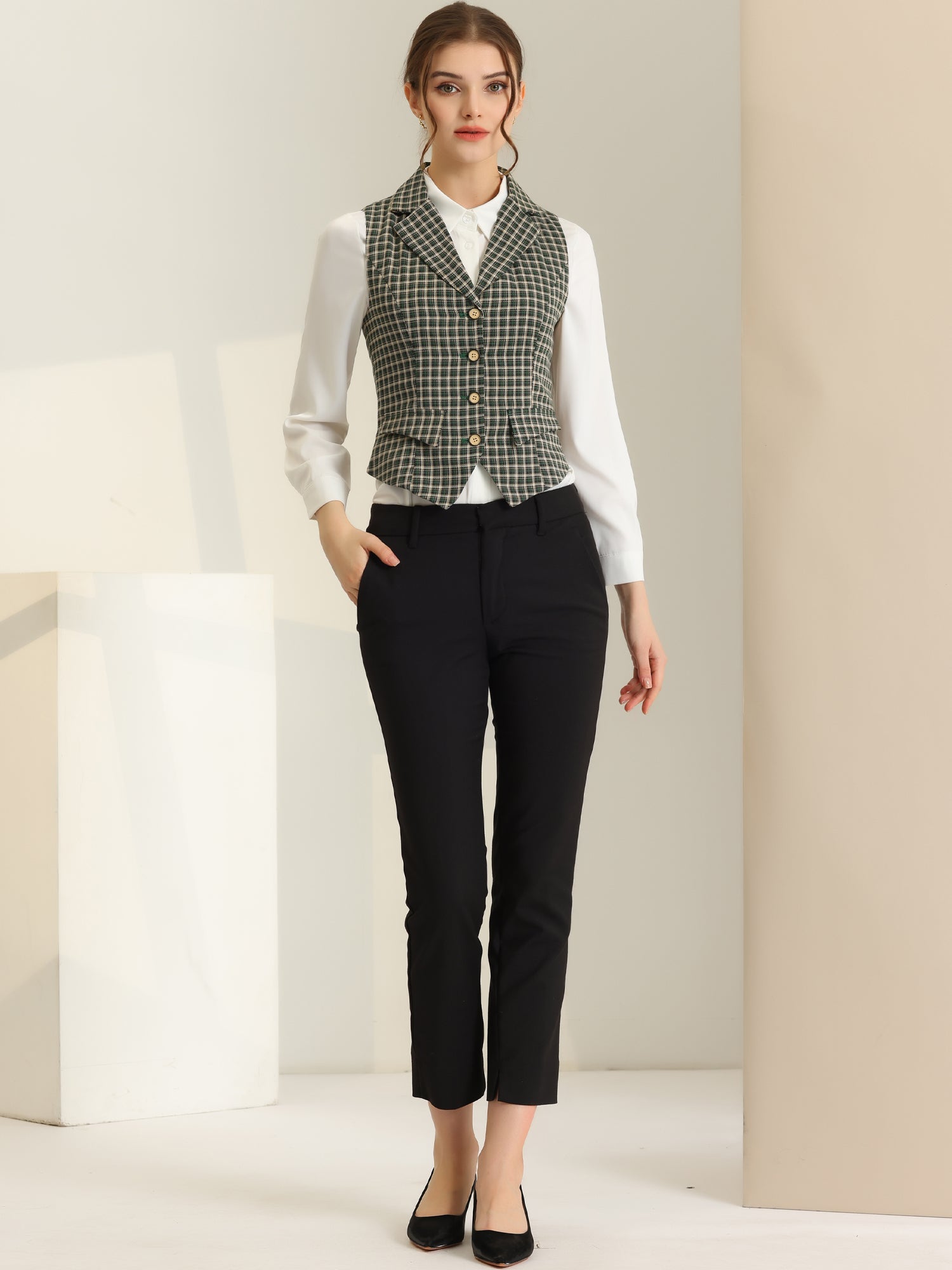Plaid Waistcoat Notched Lapel Collar Single Breasted Vintage Vest