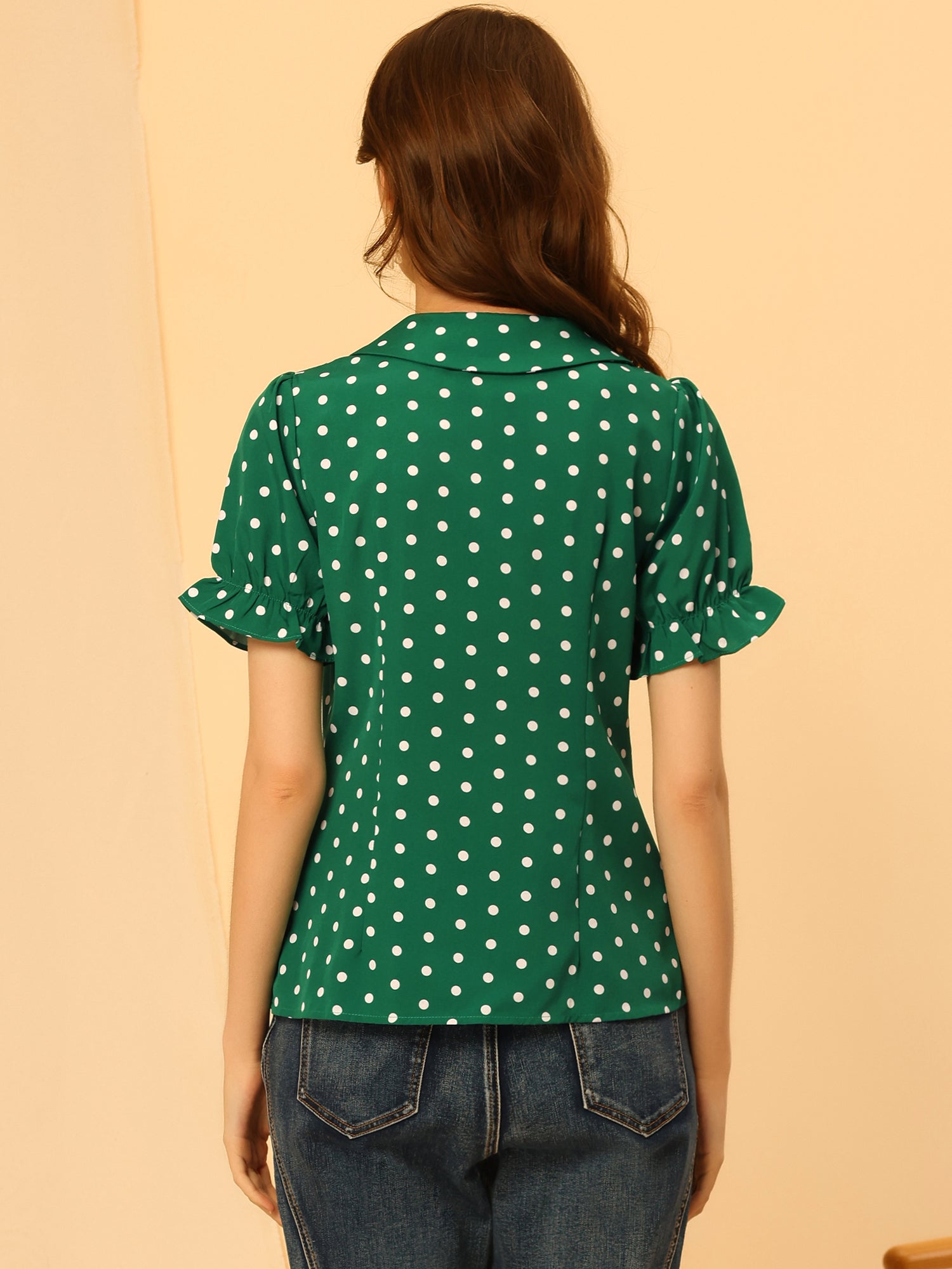 Polka Dot Short Puff Sleeve Button Up Peter Pan Collar Blouse