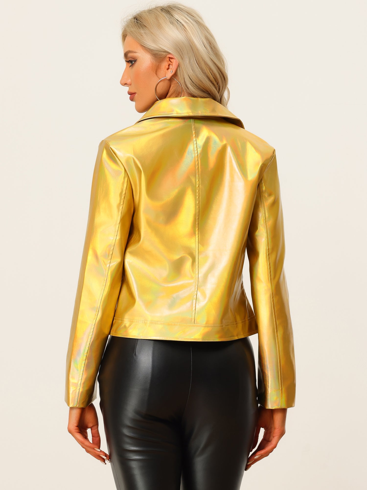 Metallic Biker Holographic Shiny Zipper Notched Jackets