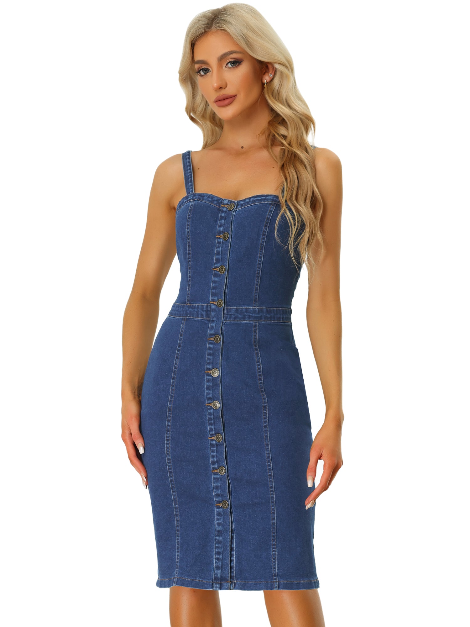 Button Down Denim Sleeveless Sweetheart Neck Jeans Dress