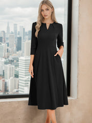 Notch Neck Pocketed 3/4 Sleeve Solid A-Line Work Dress