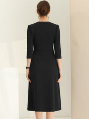 Notch Neck Pocketed 3/4 Sleeve Solid A-Line Work Dress