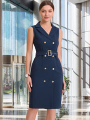 Sleeveless Notched Lapel Double Breasted Belted Office Blazer Dress