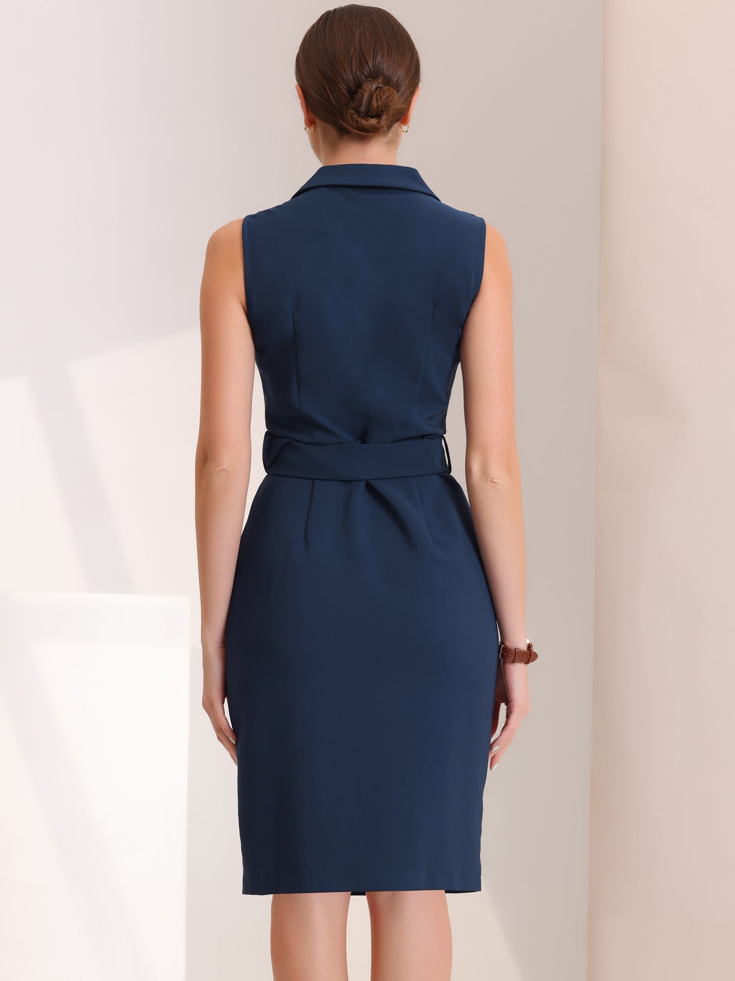 Sleeveless Notched Lapel Double Breasted Belted Office Blazer Dress
