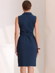 Sleeveless Notched Lapel Double Breasted Belted Office Blazer Dress