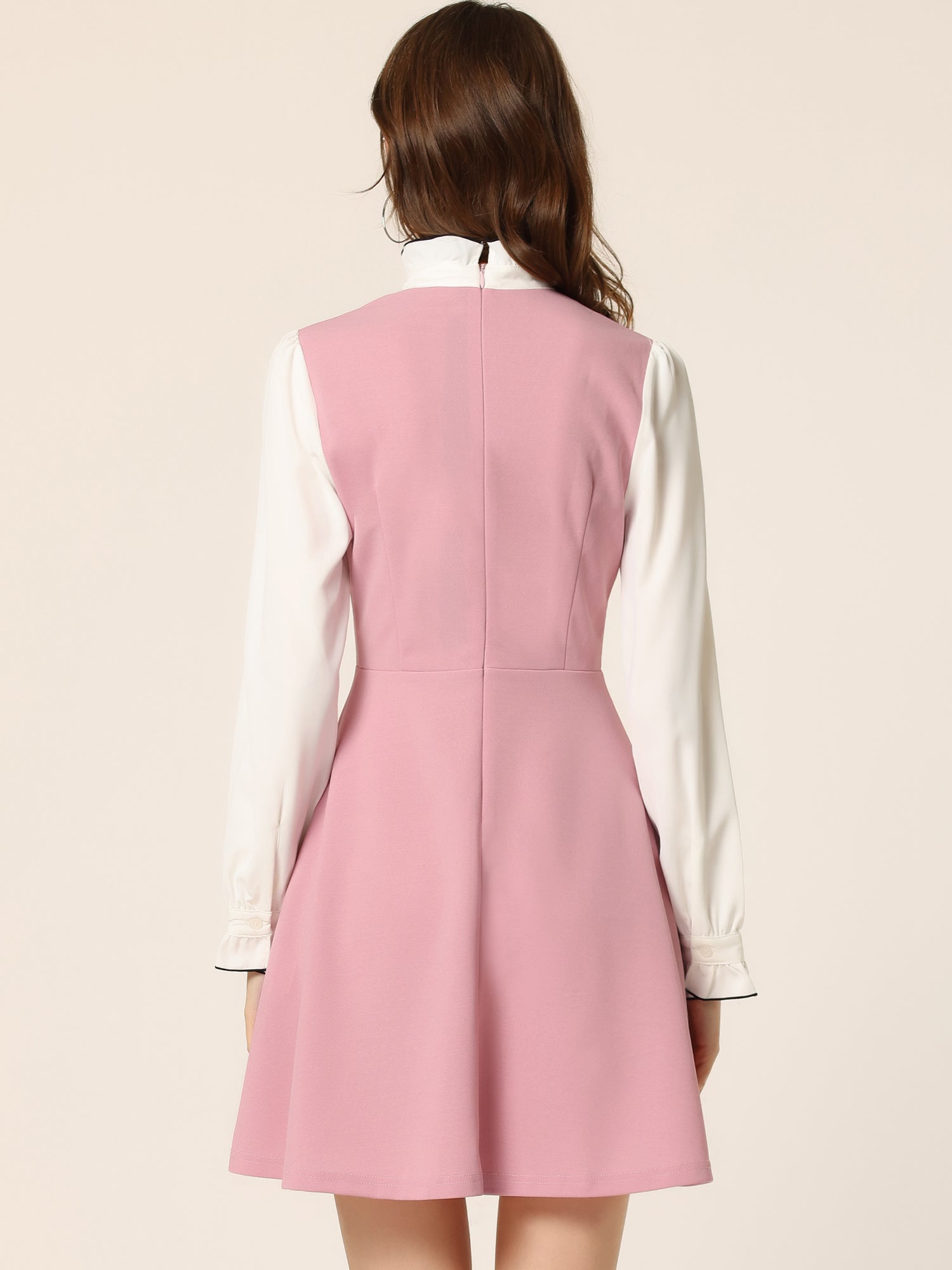 Patchwork Contrast Color Long Sleeve Tie Neck Mini Dress
