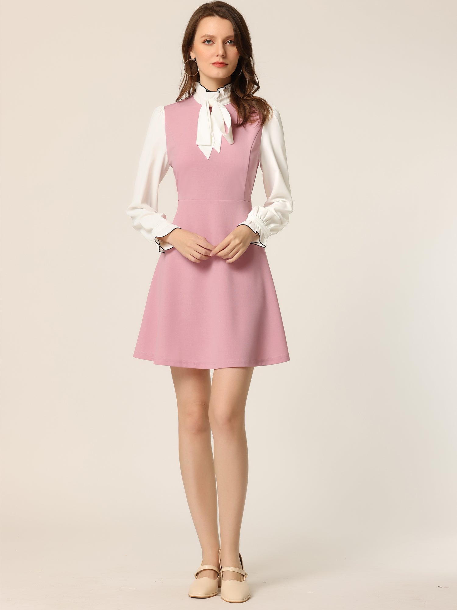 Patchwork Contrast Color Long Sleeve Tie Neck Mini Dress