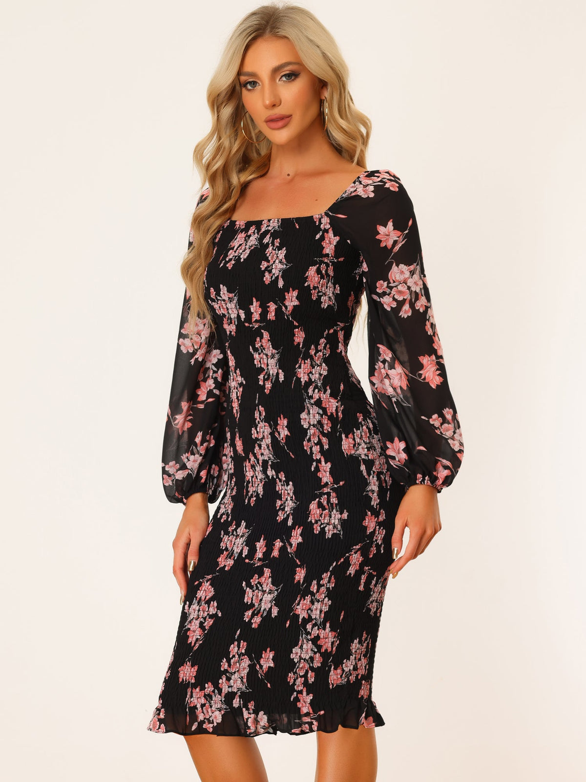Floral Puff Sleeve Ruffle Bodycon Square Neck Smocked Mermaid Dress