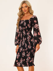 Floral Puff Sleeve Ruffle Bodycon Square Neck Smocked Mermaid Dress