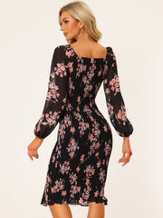 Floral Puff Sleeve Ruffle Bodycon Square Neck Smocked Mermaid Dress