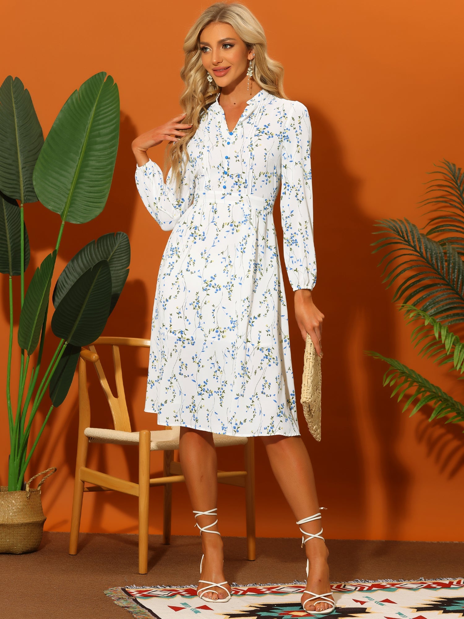 Floral Print Long Sleeve Spring Flowy Midi Boho Dress