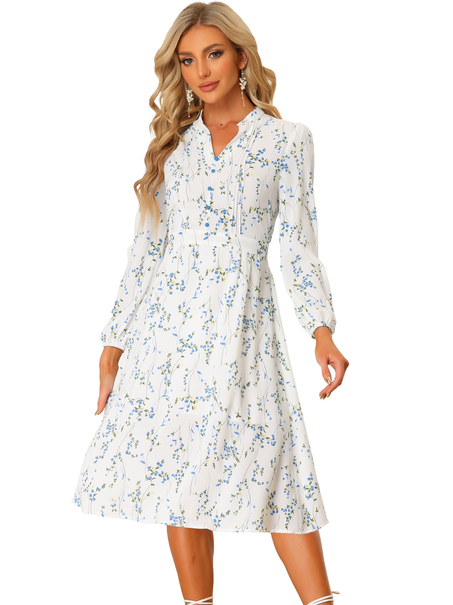 Floral Print Long Sleeve Spring Flowy Midi Boho Dress