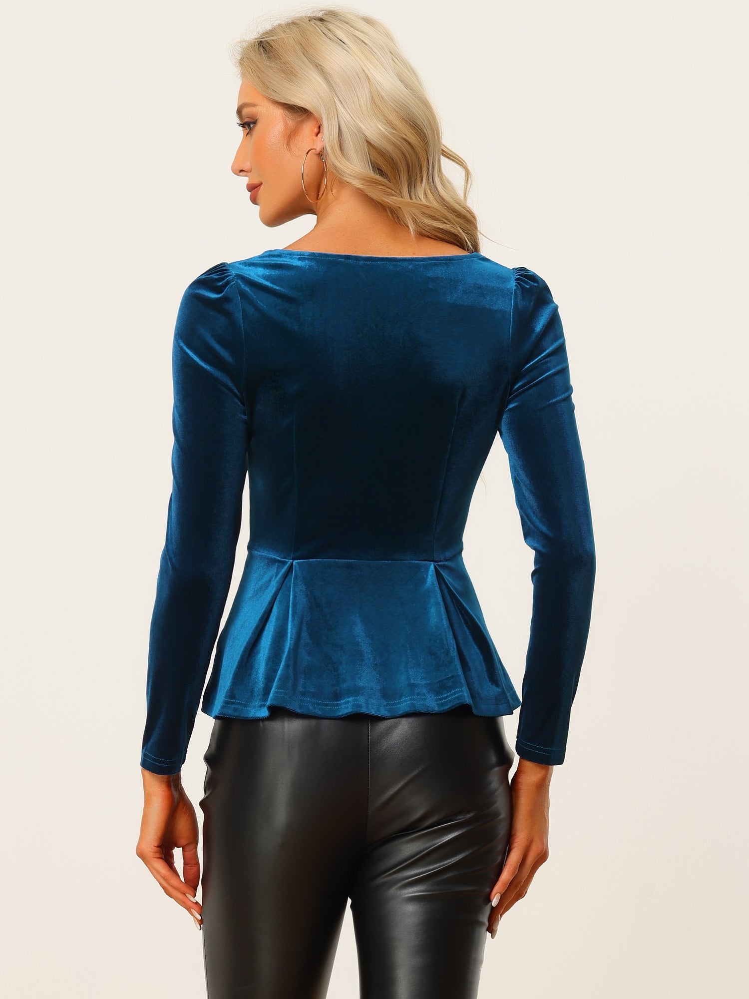 Velvet Blouse Elegant Sweetheart Neck Long Sleeve Peplum Top