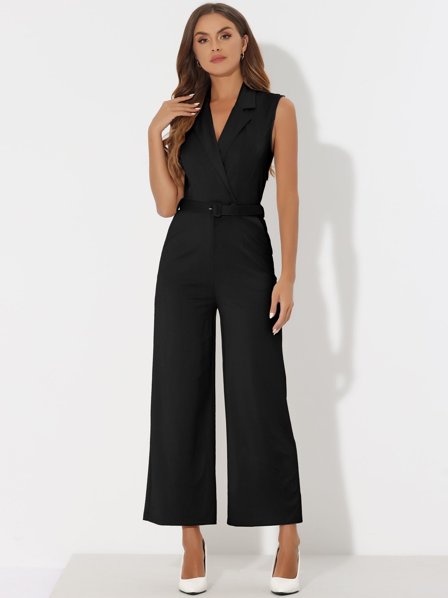 Sleeveless Button Front Closure Long Leg Pocket Belted Jumpsuits