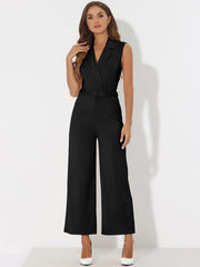 Sleeveless Button Front Closure Long Leg Pocket Belted Jumpsuits