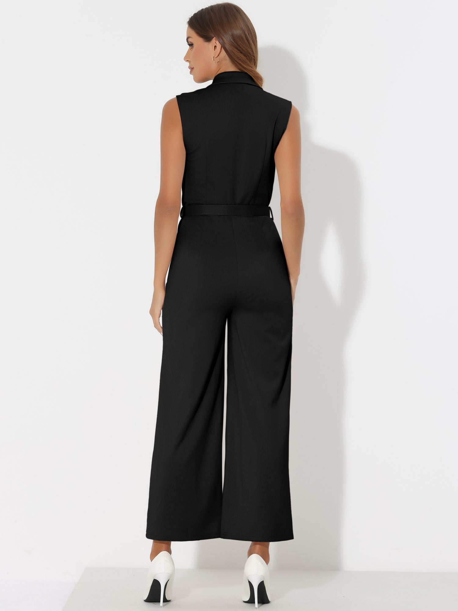 Sleeveless Button Front Closure Long Leg Pocket Belted Jumpsuits