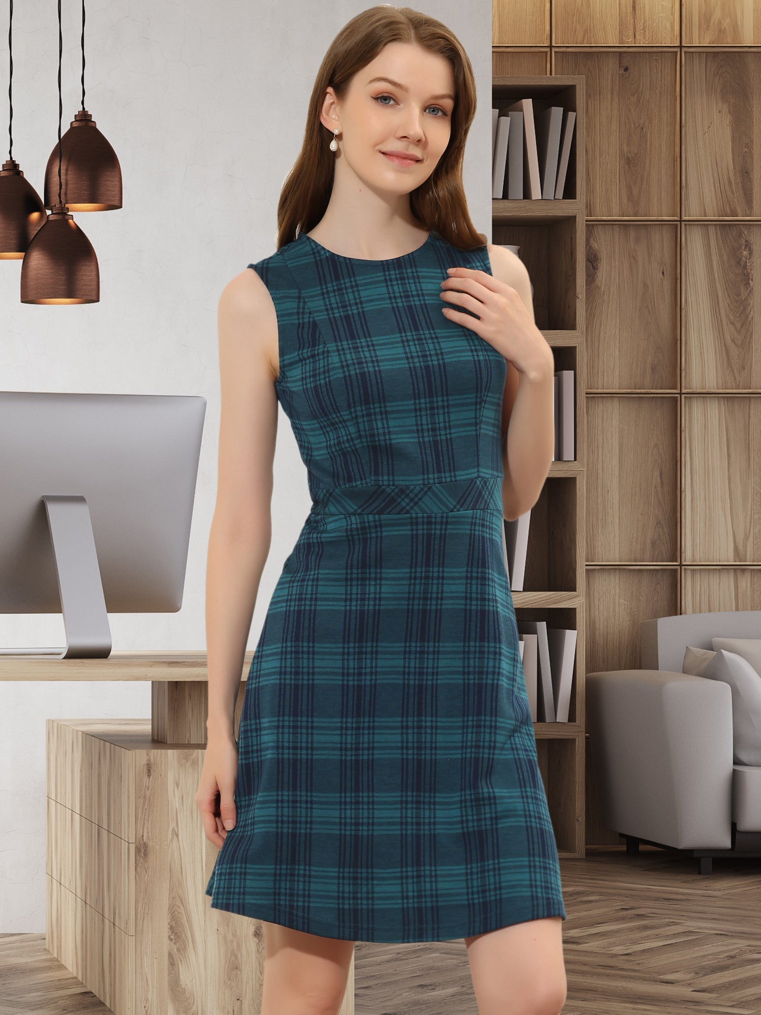 Plaid Sleeveless Fit and Flare Houndstooth Work Dress