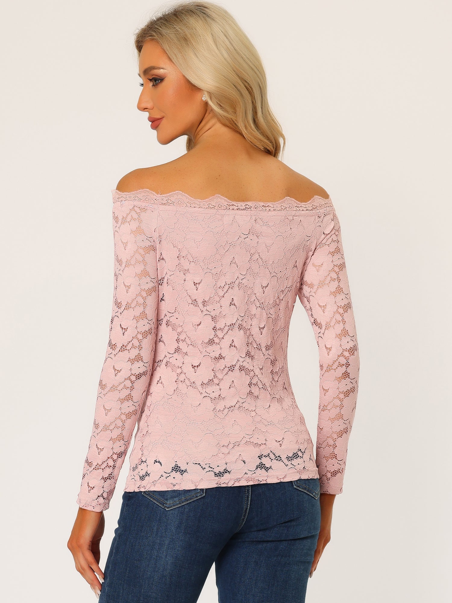 Off Shoulder Floral Lace Top Sheer Long Sleeves Casual Blouse