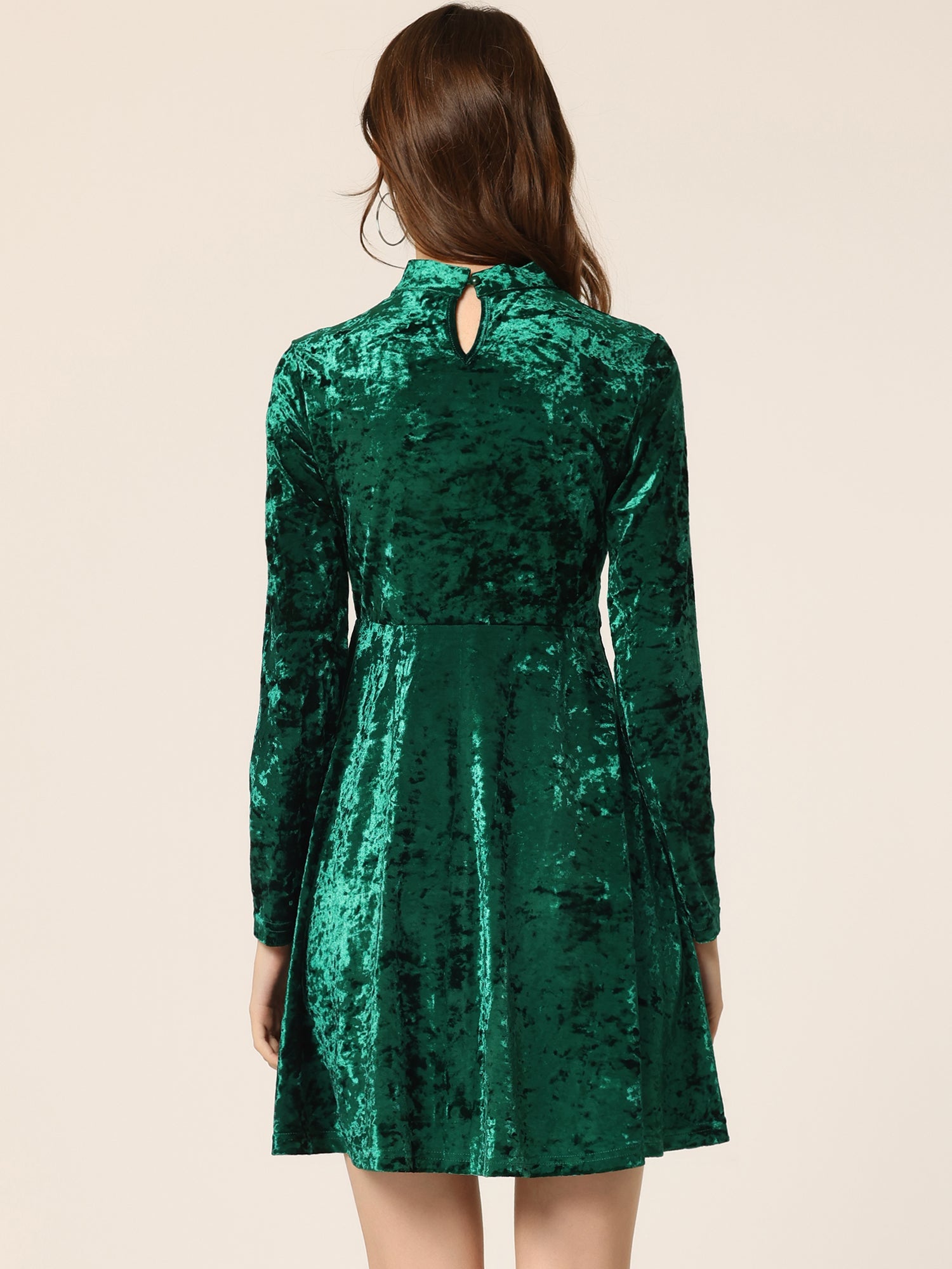 Keyhole Neck High Waist Long Sleeve Velvet Swing Mini Dress