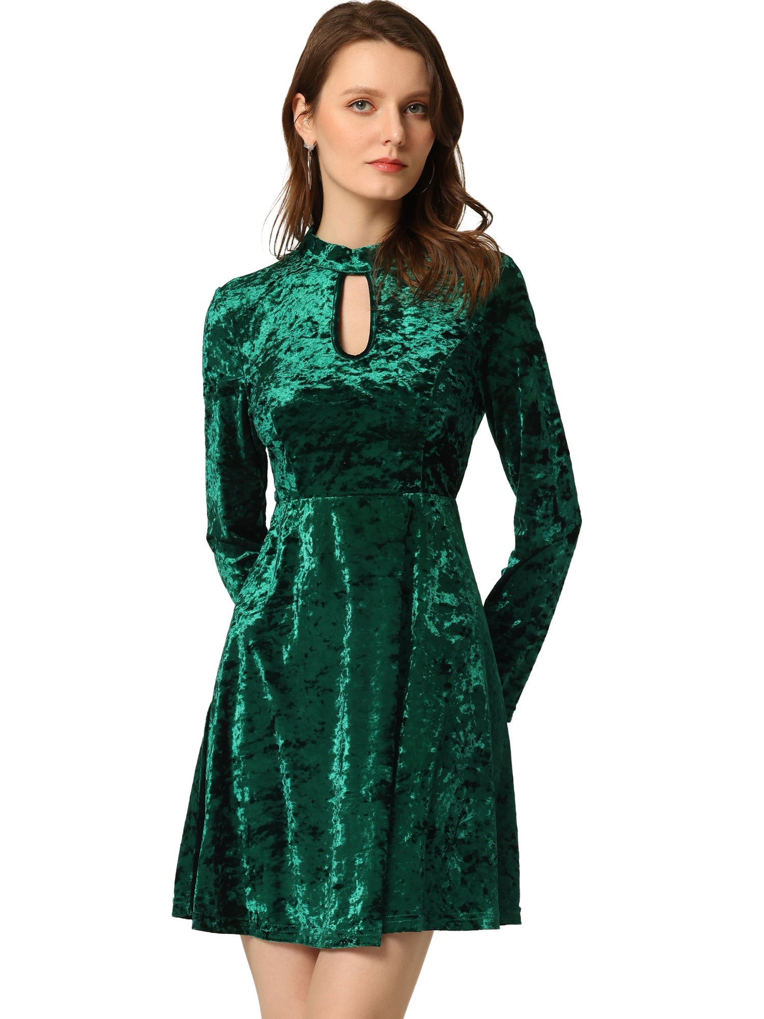 Keyhole Neck High Waist Long Sleeve Velvet Swing Mini Dress