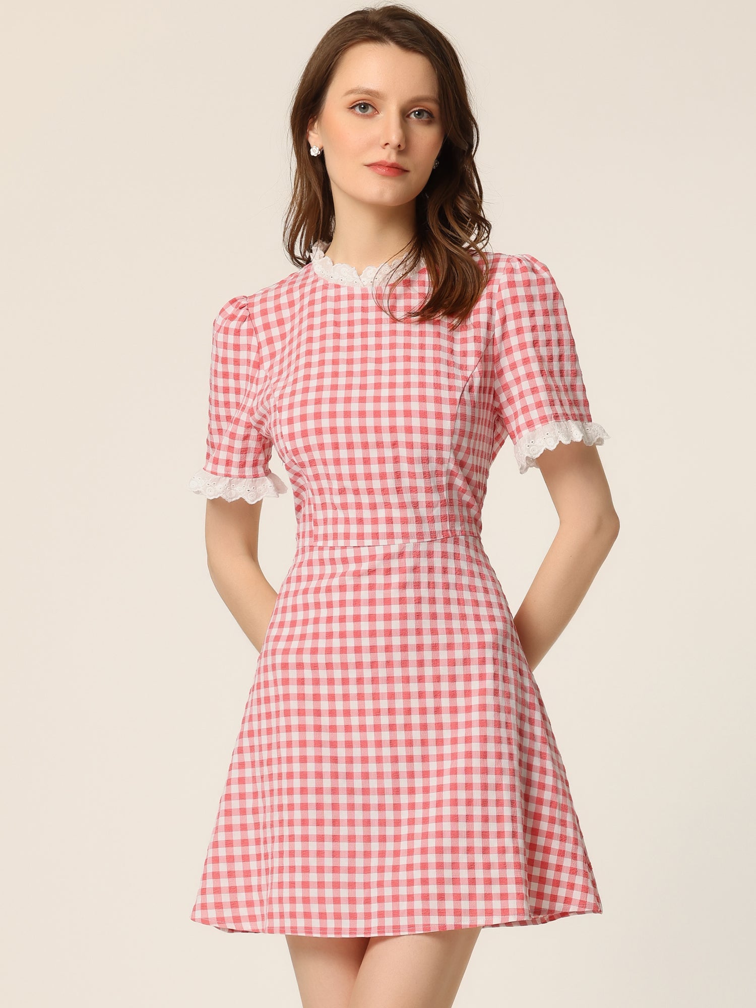 Summer Ruffle Neck Lace Panel Short Sleeve Check Gingham Dress