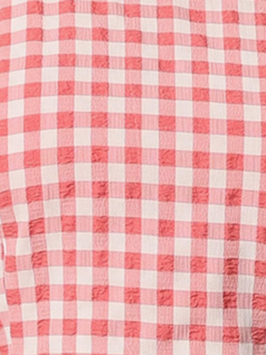 Summer Ruffle Neck Lace Panel Short Sleeve Check Gingham Dress