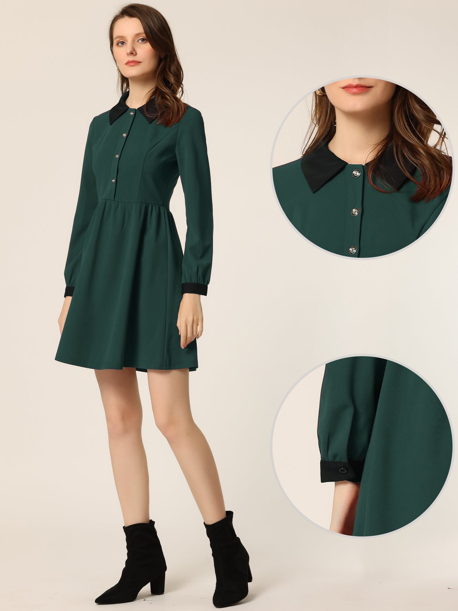 Contrast Color Puff Long Sleeve Collared Flare Short Dress