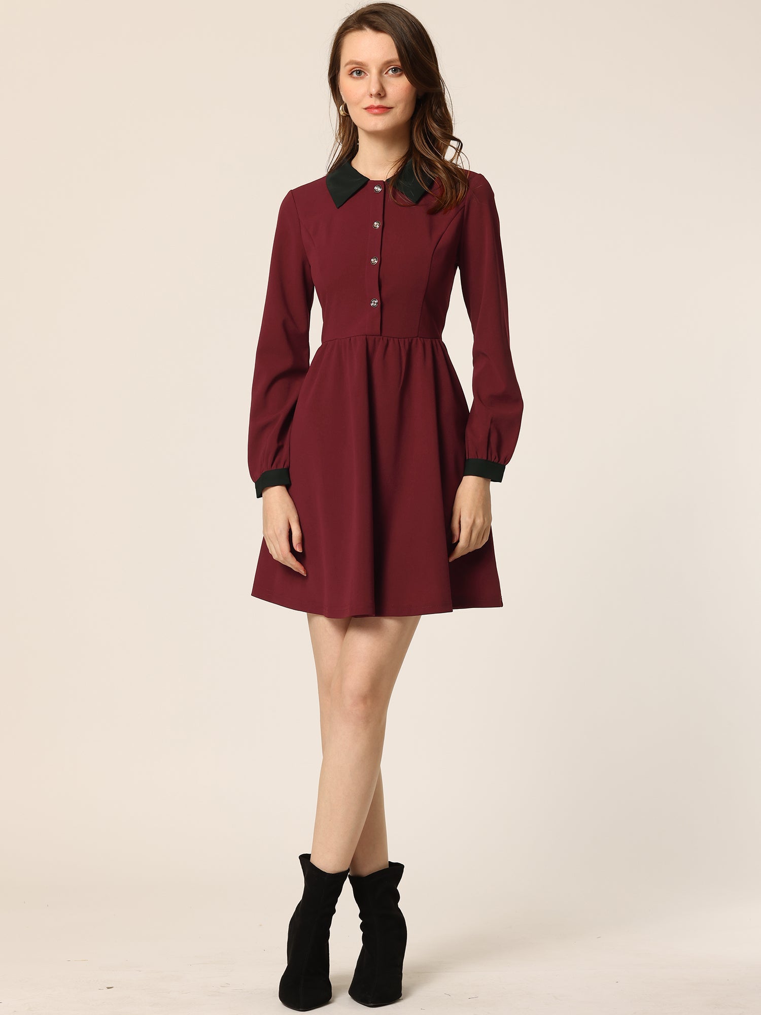 Contrast Color Puff Long Sleeve Collared Flare Short Dress