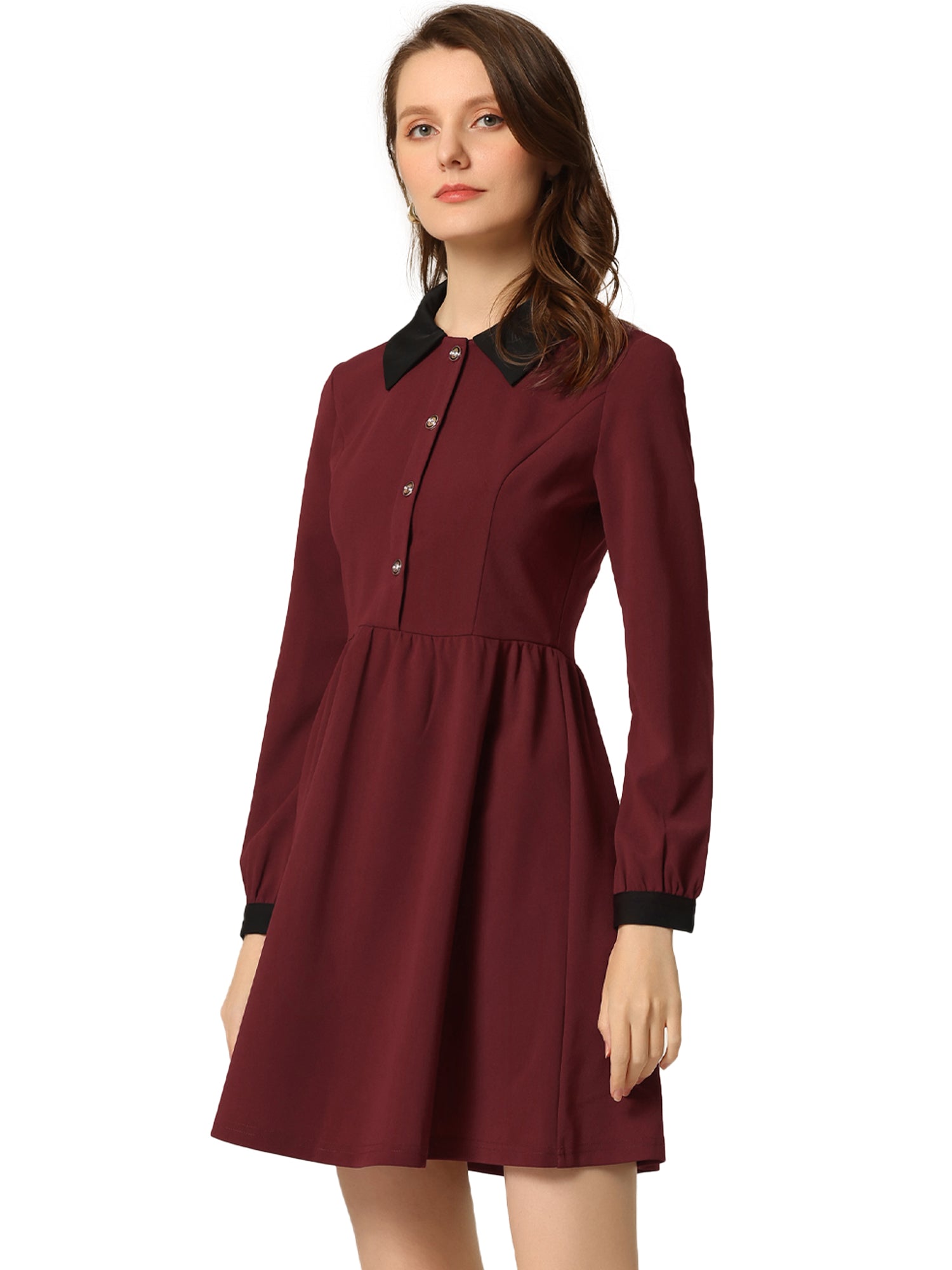 Contrast Color Puff Long Sleeve Collared Flare Short Dress