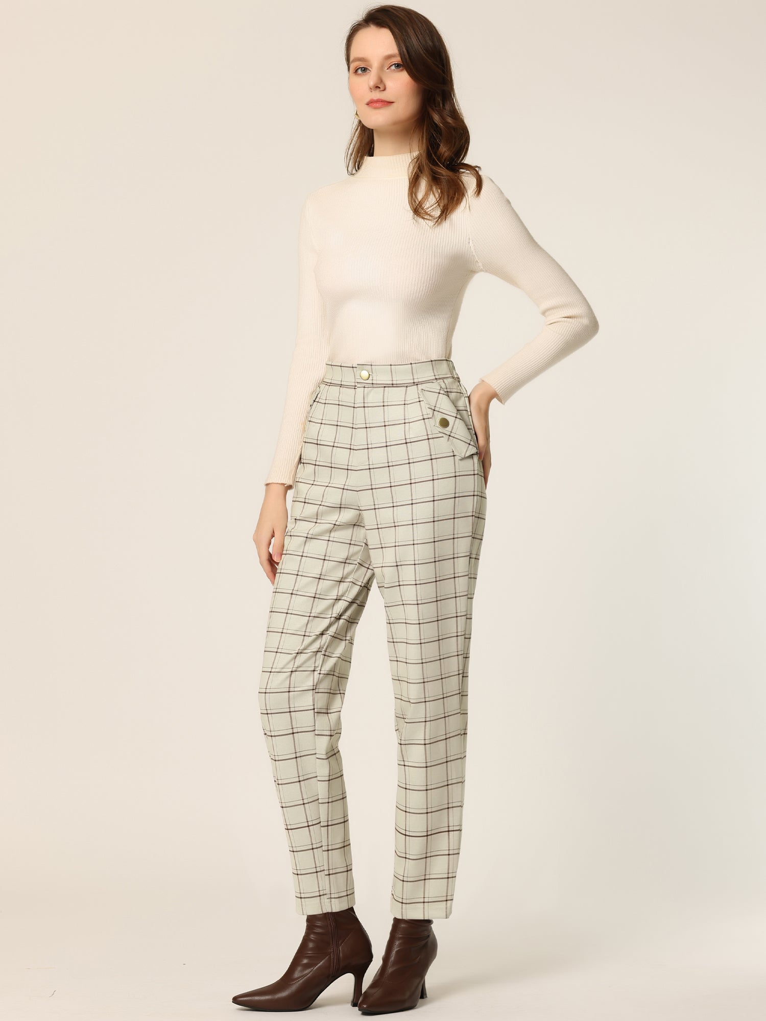 Vintage Tartan Plaid Pants Elastic Waist Straight Long Trousers