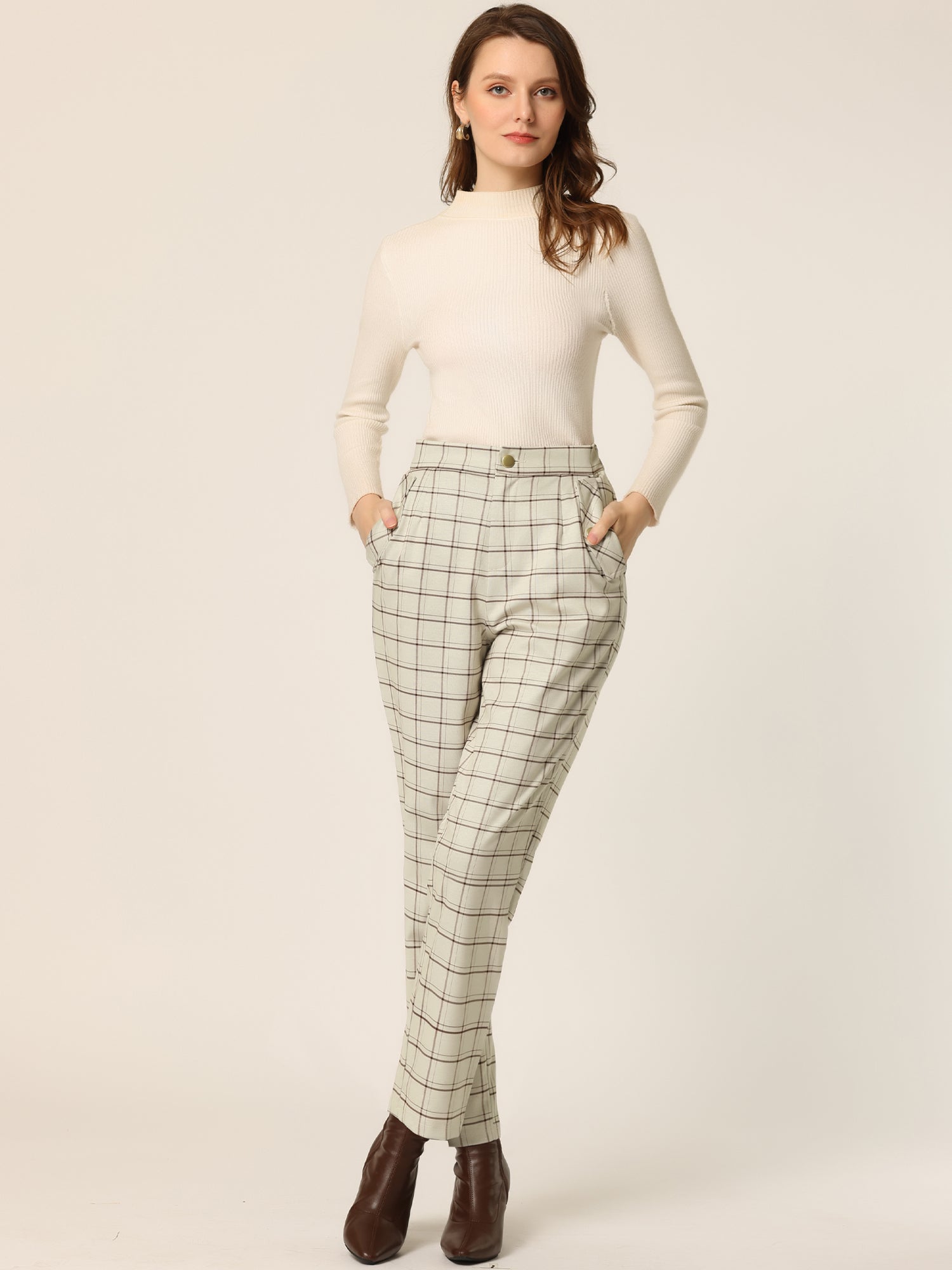 Vintage Tartan Plaid Pants Elastic Waist Straight Long Trousers