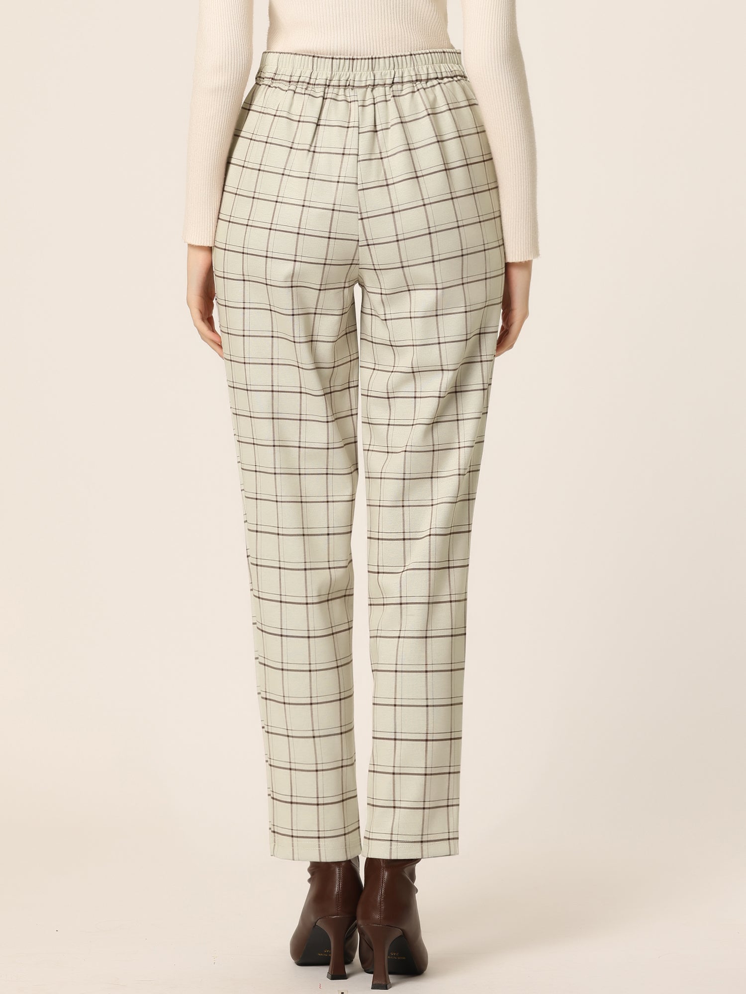 Vintage Tartan Plaid Pants Elastic Waist Straight Long Trousers