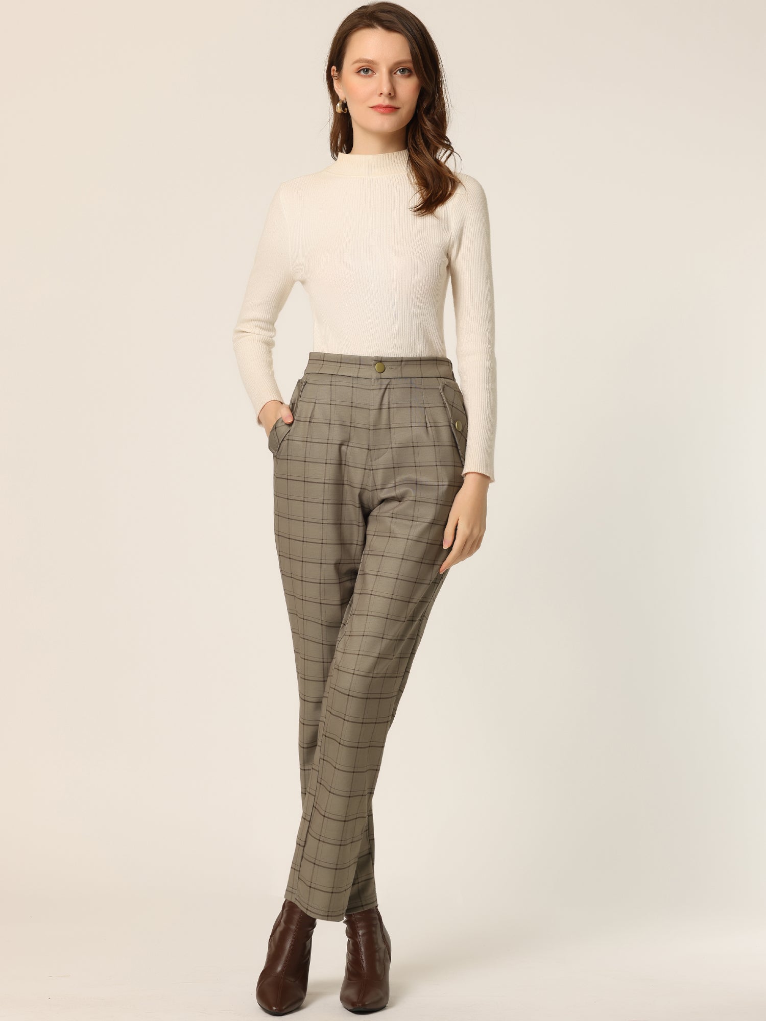 Vintage Tartan Plaid Pants Elastic Waist Straight Long Trousers