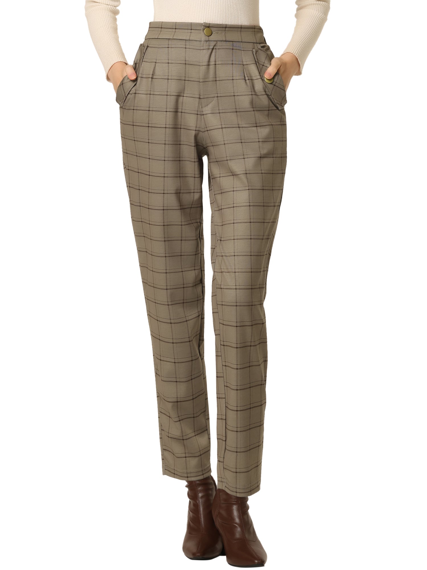 Vintage Tartan Plaid Pants Elastic Waist Straight Long Trousers