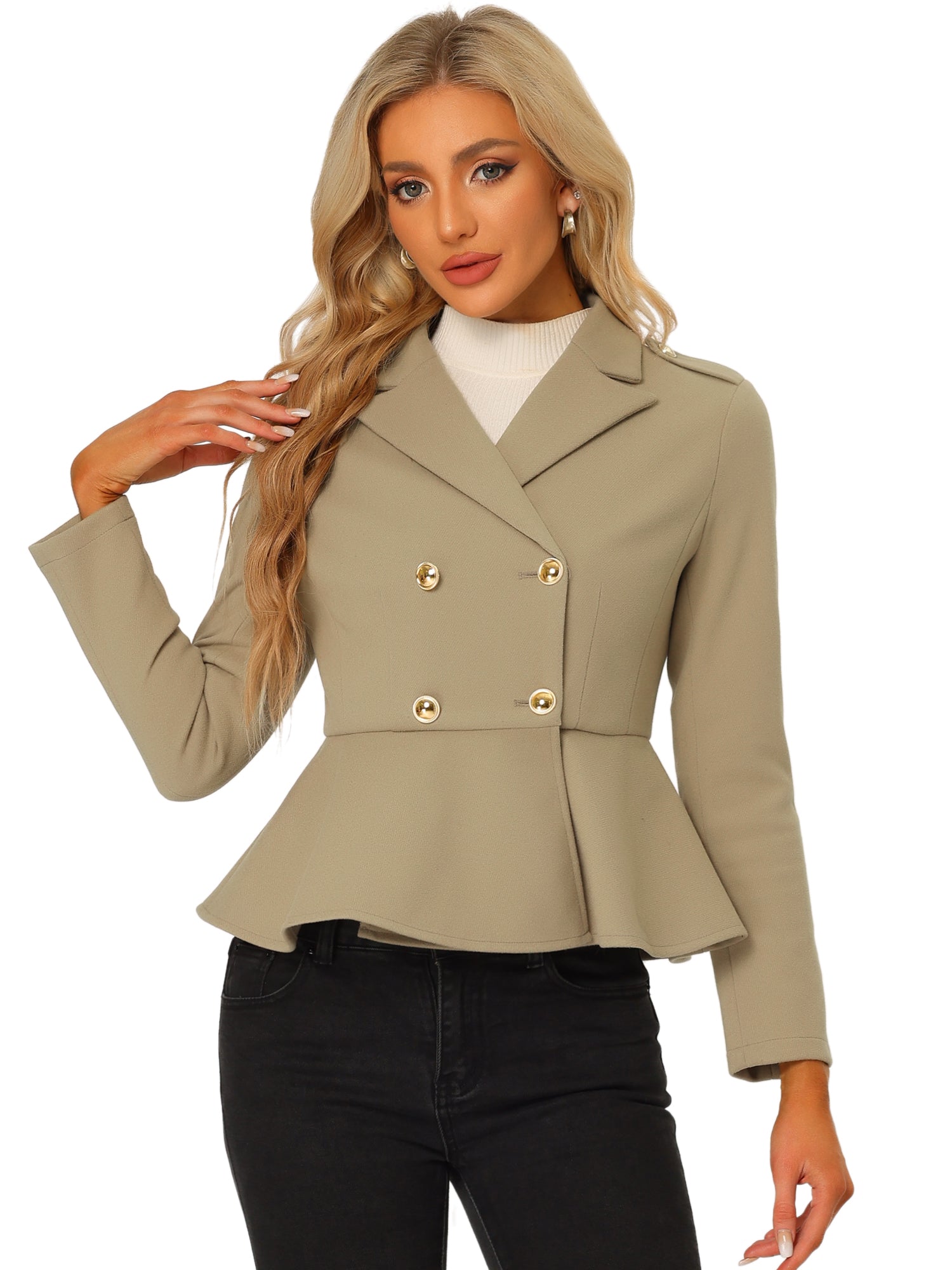 Double Breasted Pea Coat Notched Lapel Blazer Peplum Jacket