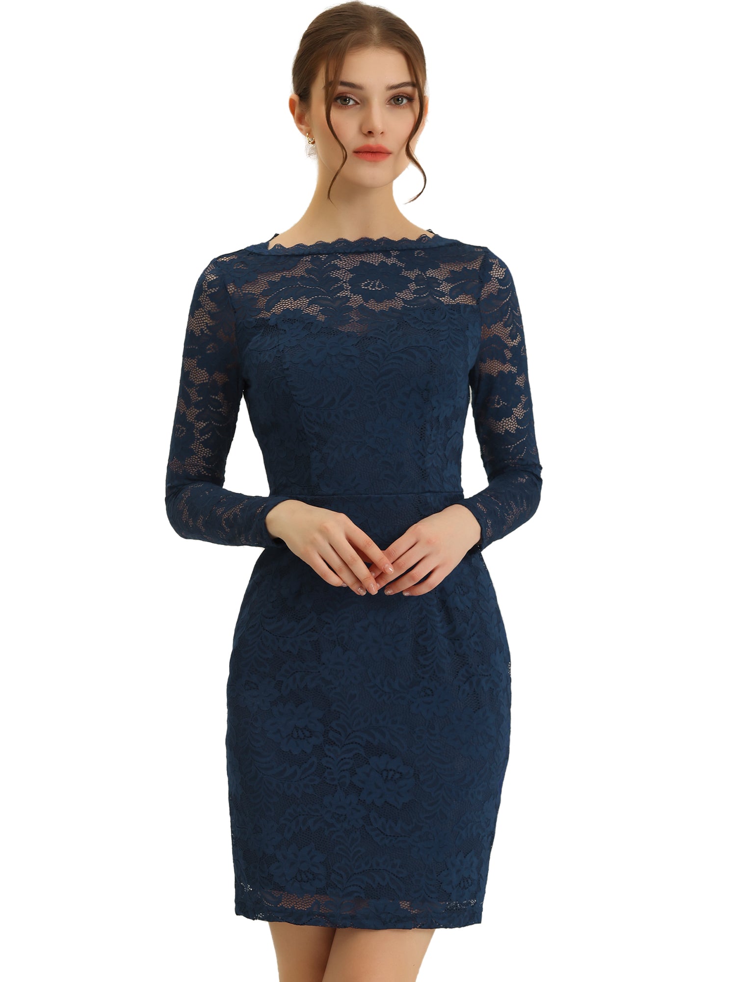 Lace Boat Neck Long Sleeve Cocktail Bodycon Pencil Dress