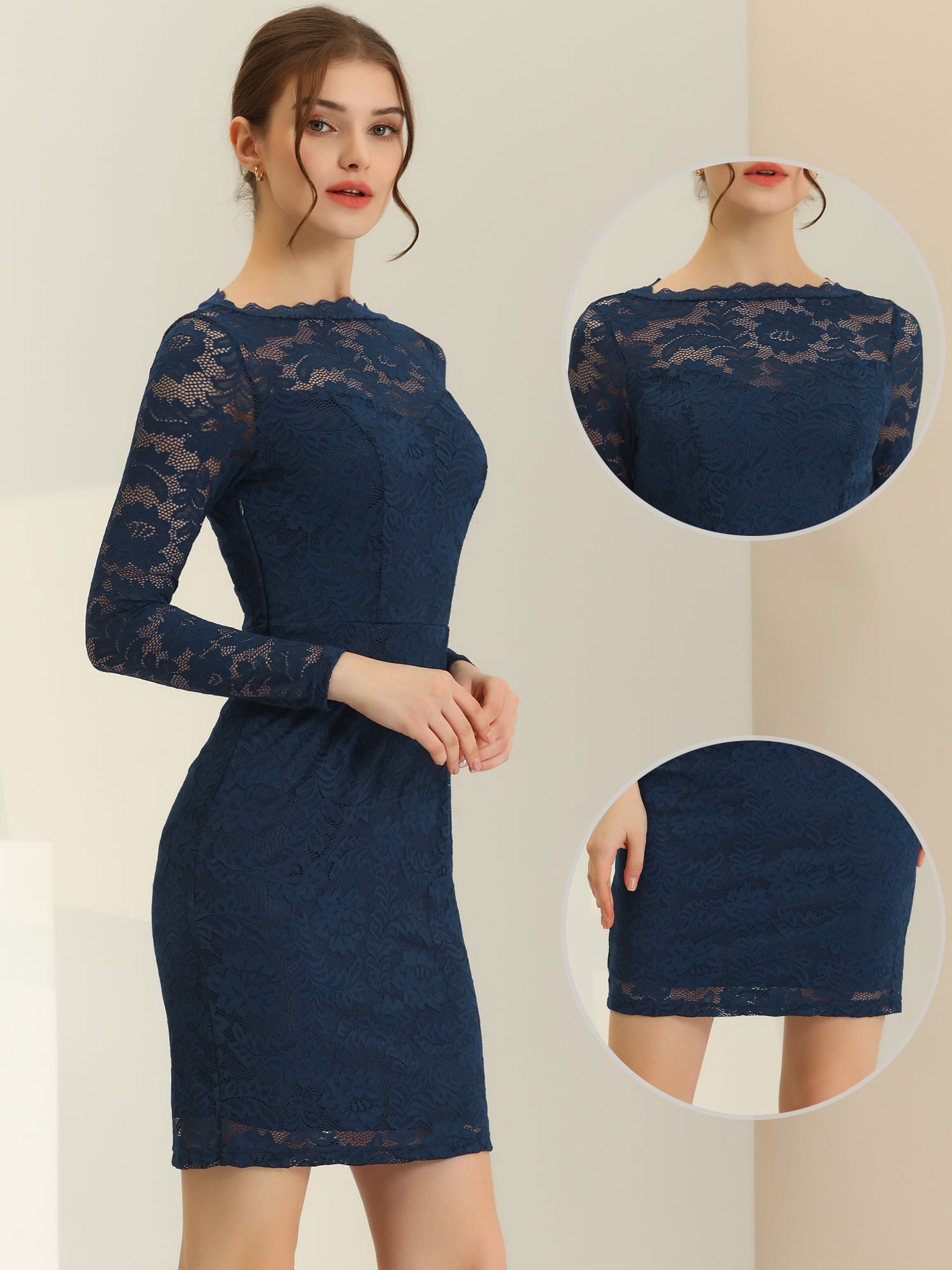 Lace Boat Neck Long Sleeve Cocktail Bodycon Pencil Dress