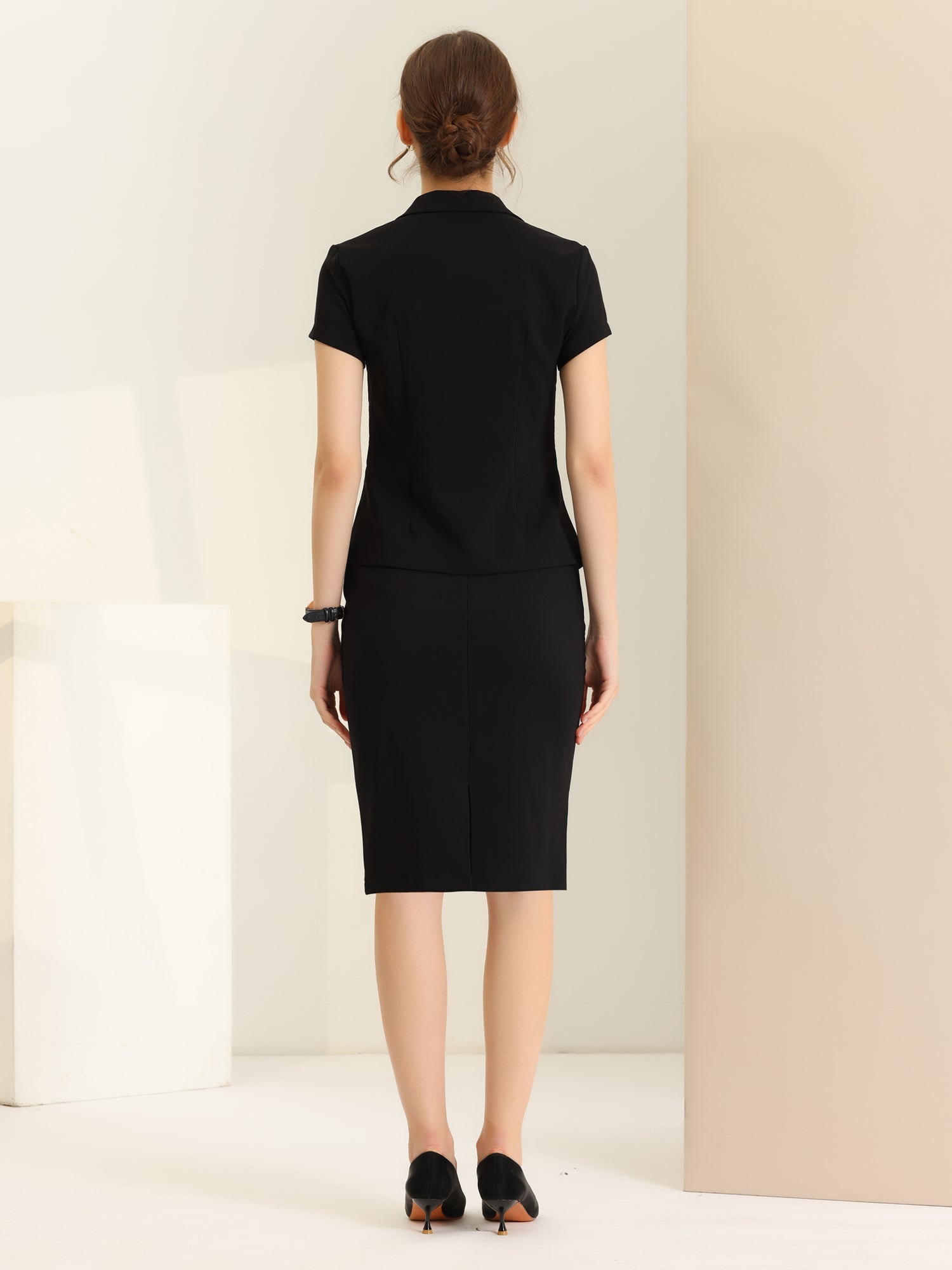 2 Piece Short Sleeve Notched Lapel Blazer Jacket & Pencil Midi Skirt Suit Set