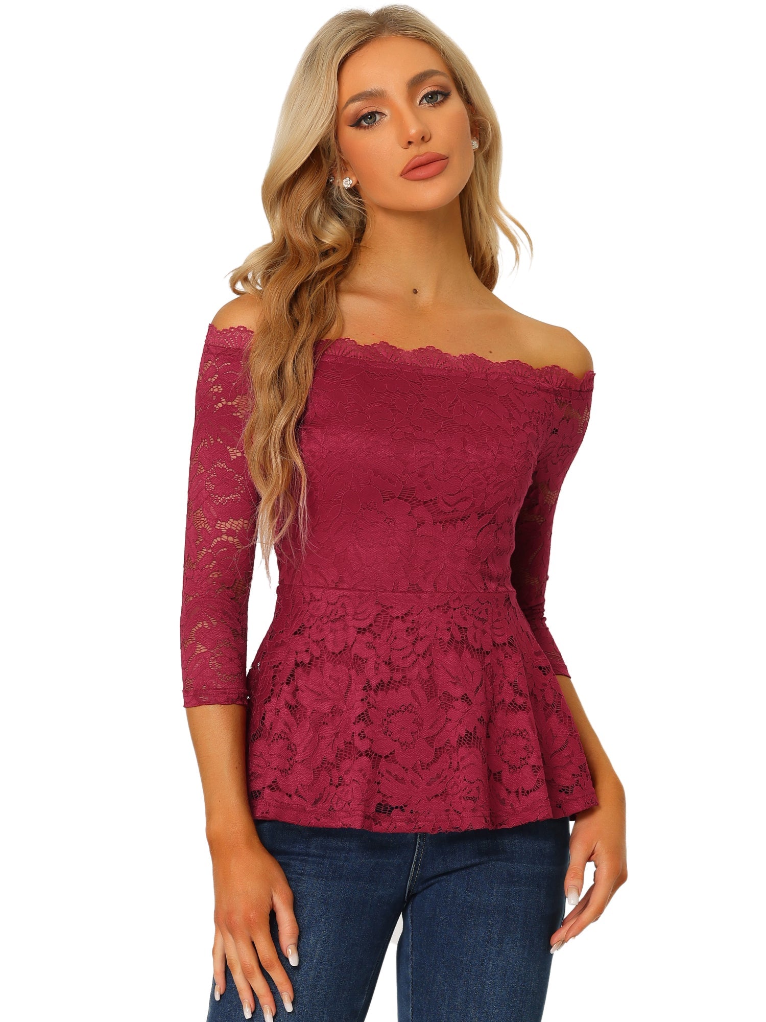 Elegant Lace Blouse Semi Sheer 3/4 Sleeve Off Shoulder Peplum Top
