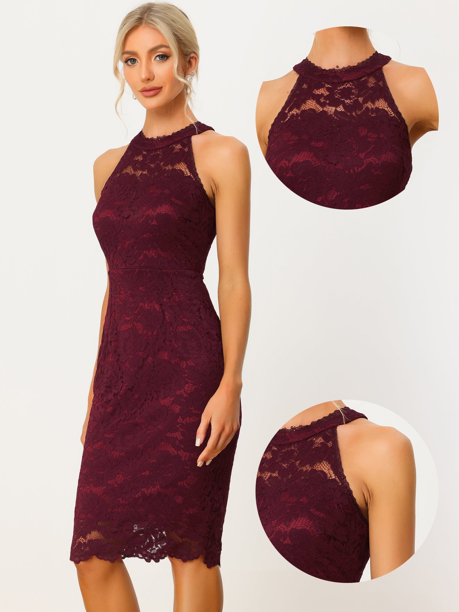 Lace Halter Elegant Sleeveless Bodycon Wedding Cocktail Sheath Dress