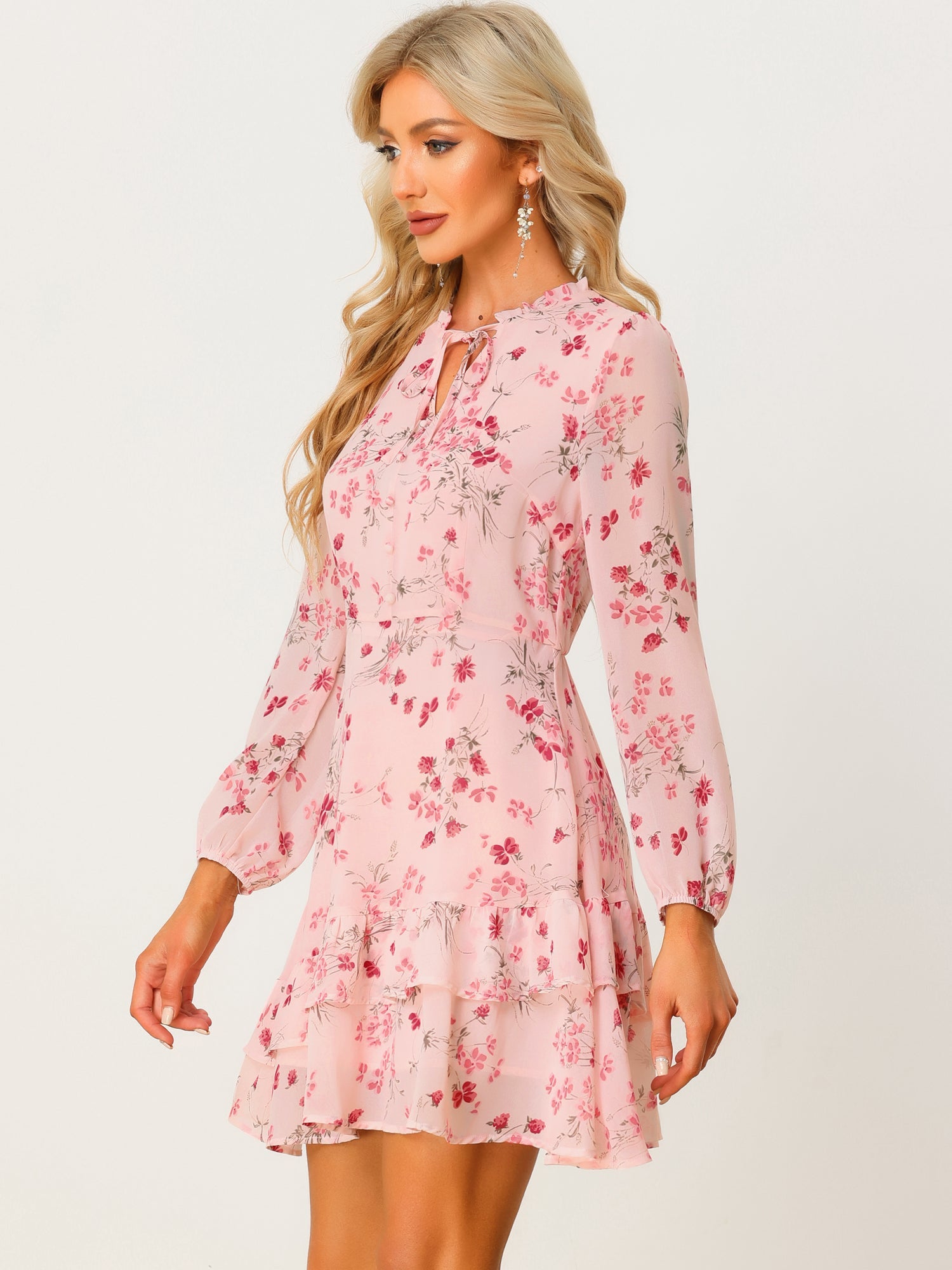 Floral V Neck Semi Sheer Layered Tiered Mini Dress