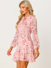 Floral V Neck Semi Sheer Layered Tiered Mini Dress