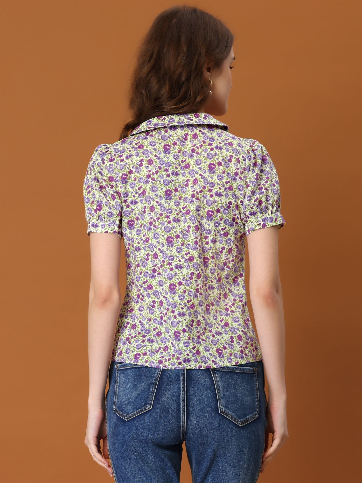 Puff Sleeve Shirt Point Collar Top Button Down Floral Blouse
